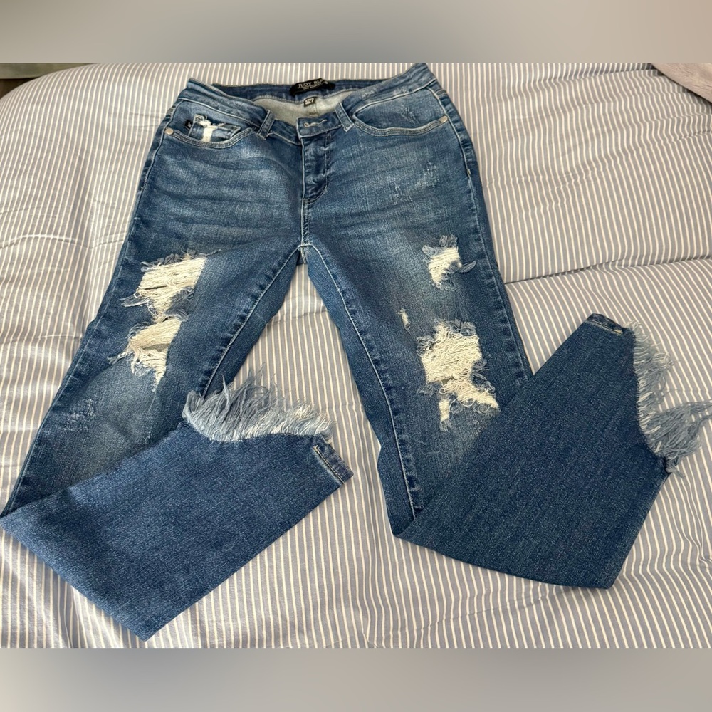 Judy Blue Fringe Hem Distressed Jeans Women’s Skinny Fit JB8821 MD-R Size 5/27